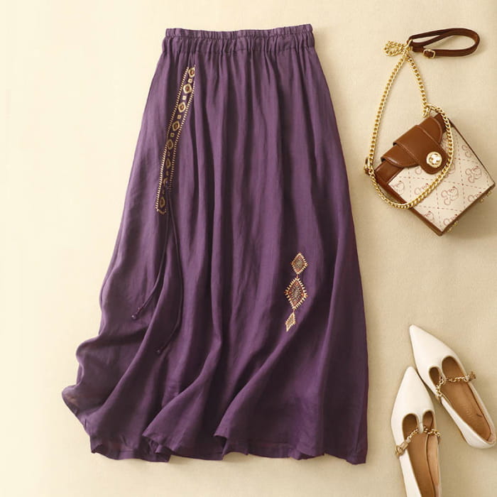 Retro Ethnic-Style Embroidery Skirt - Purple / M