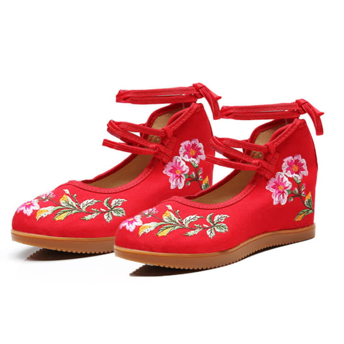 Retro Floral Embroidery Lace Up Flats Shoes
