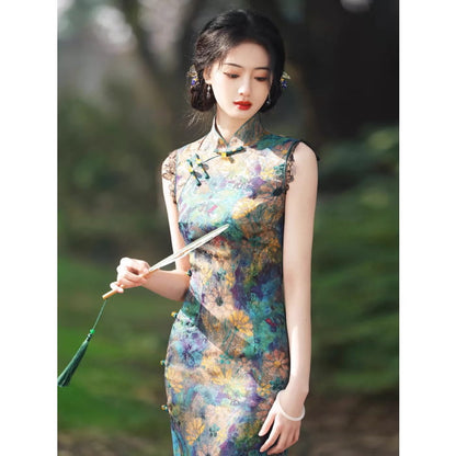 Retro Floral Sleeveless Long Cheongsam - Female Hanfu