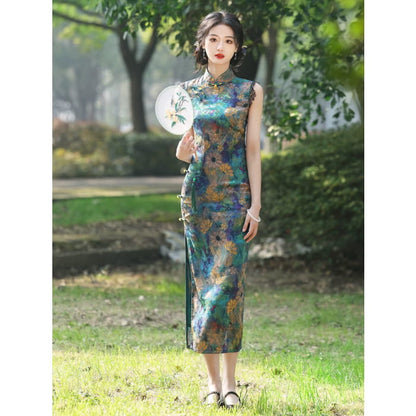 Retro Floral Sleeveless Long Cheongsam - S - Female Hanfu