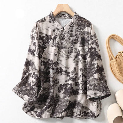 Retro Ink Print Stand Collar Shirt - Gray / M