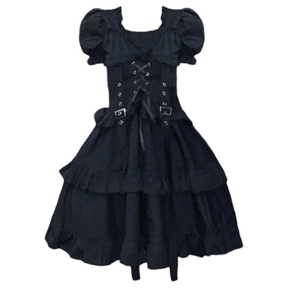 Retro Lolita Bubble Sleeves Bandage Girdle Dress - Black