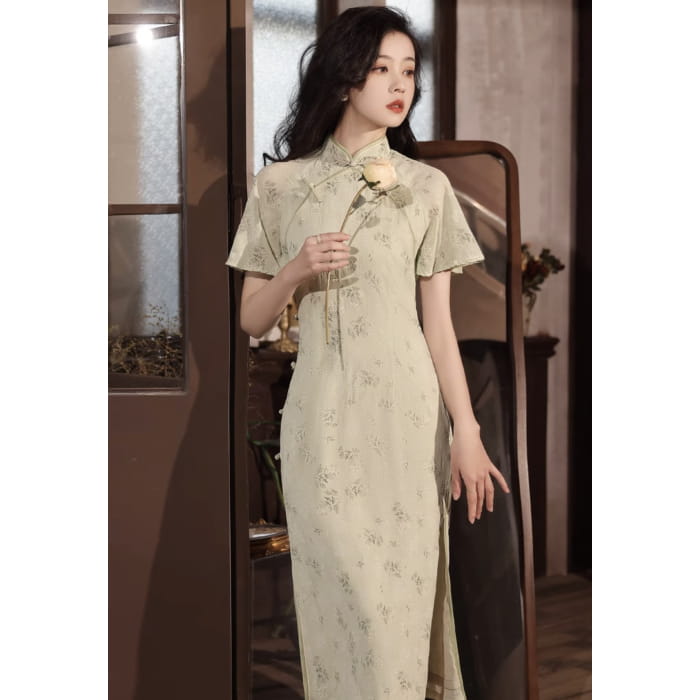 Retro Spring Dress Cheongsam - S / Long Sleeved / Green