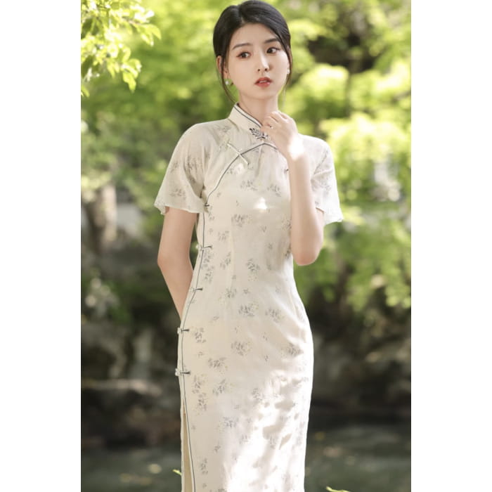 Retro Spring Dress Cheongsam - S / Long Sleeved / White