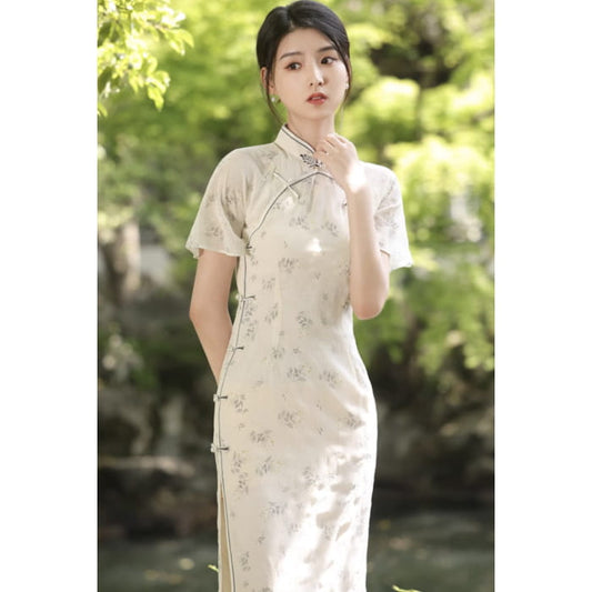 Retro Spring Dress Cheongsam - S / Long Sleeved / White
