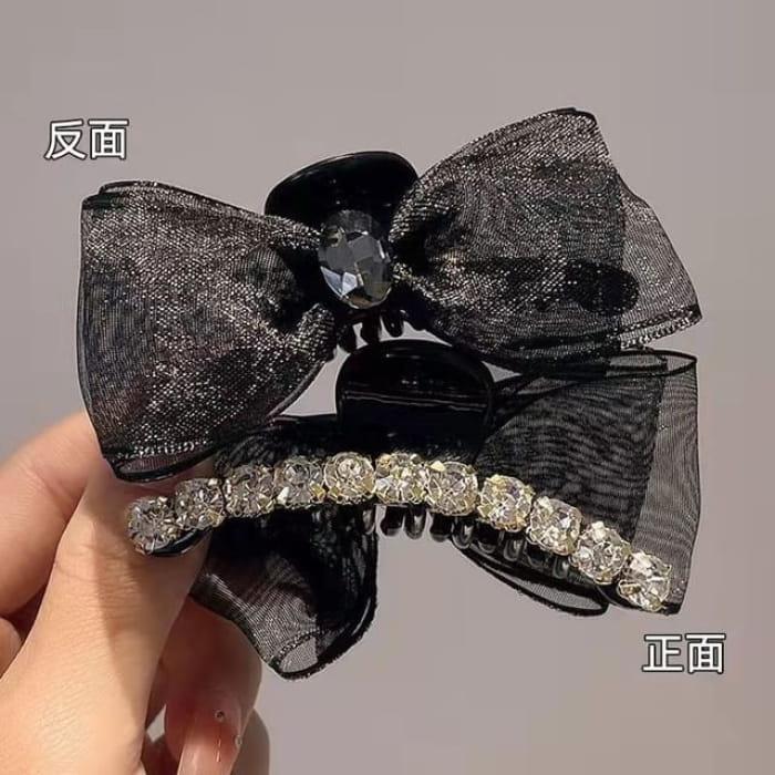 Rhinestone Bow Hair Clamp - Black / One Size