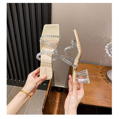 Rhinestone Chunky Heel Slide Sandals Egirldoll