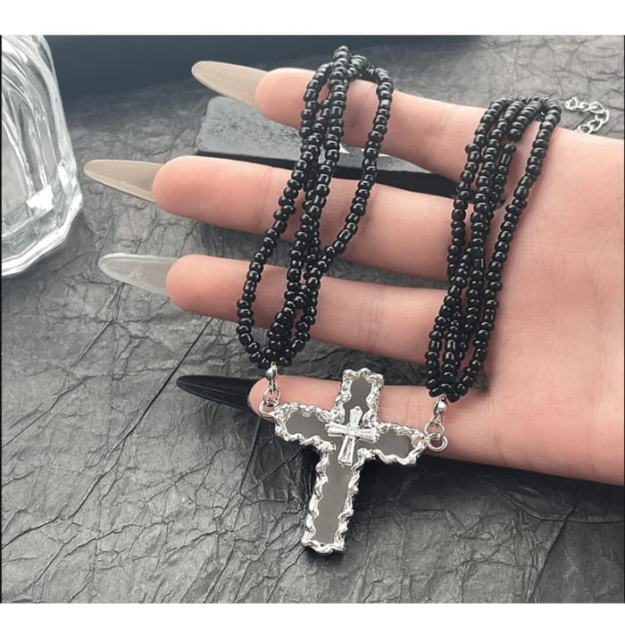 Rhinestone Cross Beaded Layered Necklace