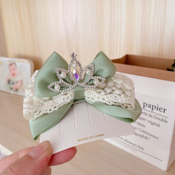 Rhinestone Faux Pearl Bow Hair Clip - Green / One Size