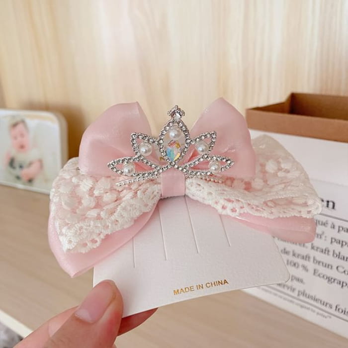 Rhinestone Faux Pearl Bow Hair Clip - Light Pink / One Size