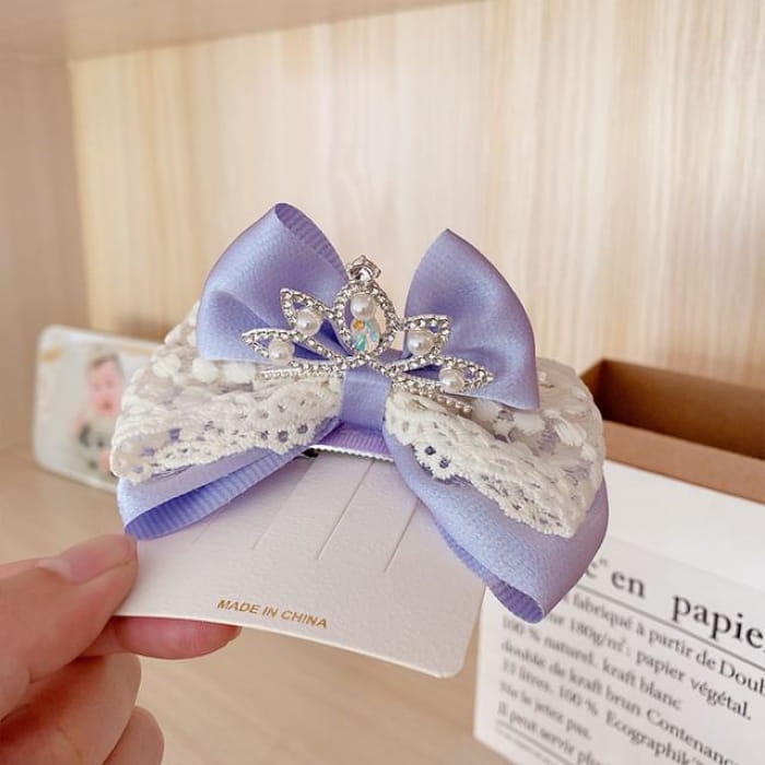 Rhinestone Faux Pearl Bow Hair Clip - Purple / One Size