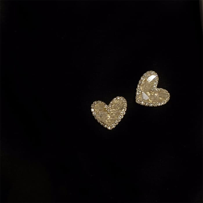 Rhinestone Heart Stud Earring - 1 Pair - Gold / One Size