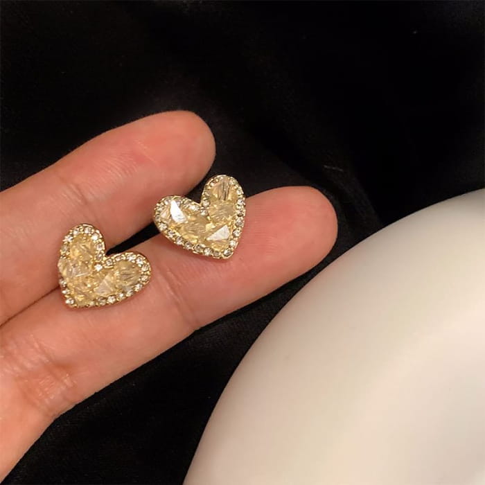 Rhinestone Heart Stud Earring - 1 Pair - Gold / One Size