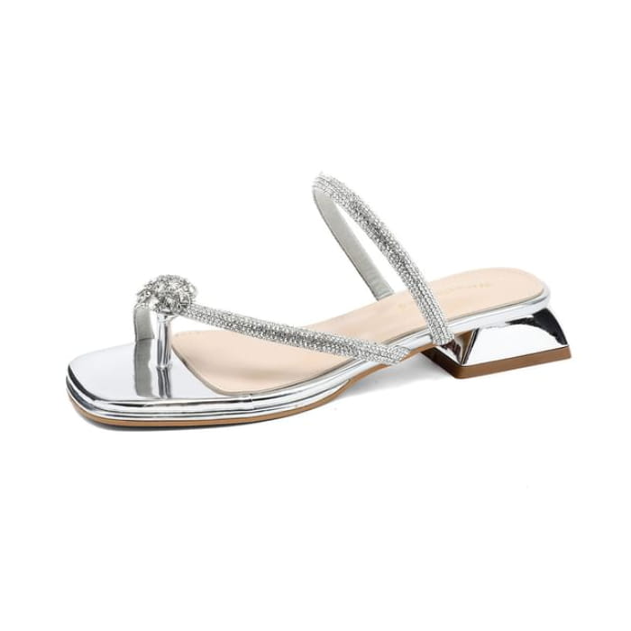 Rhinestone Toe Loop Chunky Heel Slide Sandals - Silver / 35