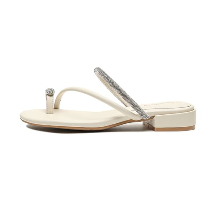 Rhinestone Toe Loop Slide Sandals - Almond / 35