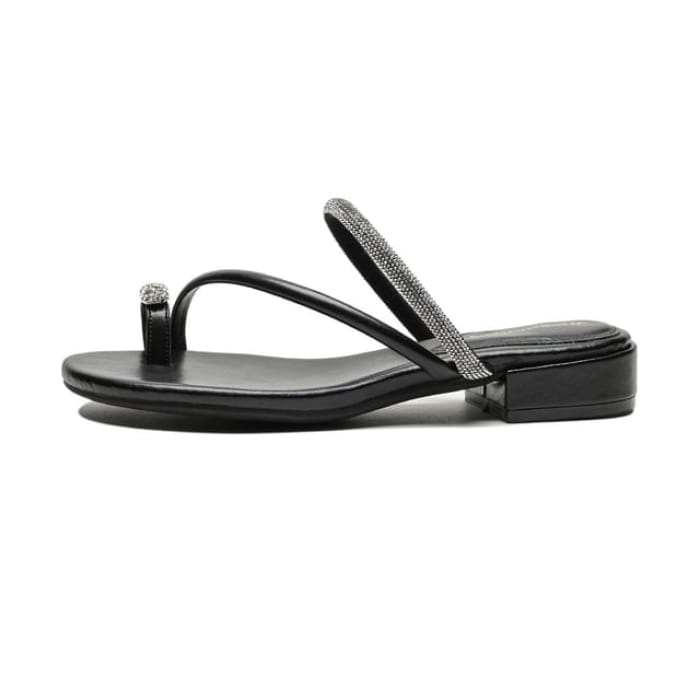 Rhinestone Toe Loop Slide Sandals - Black / 35