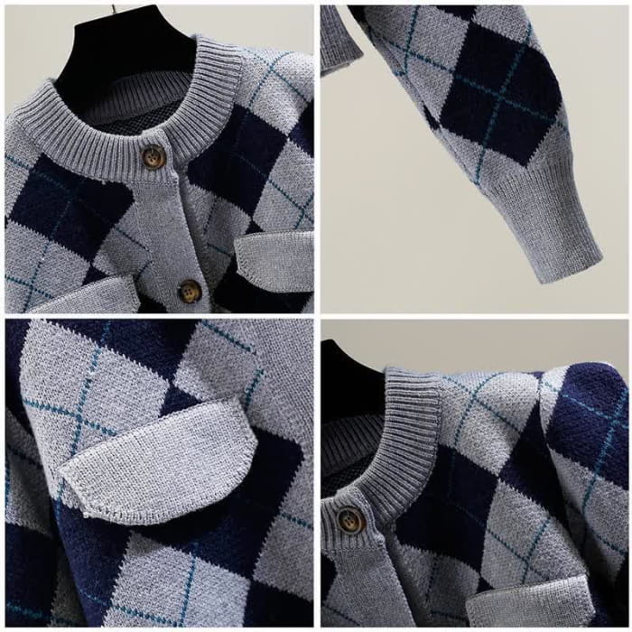 Rhombus Cardigan Sweater Pure Color Knit Pants