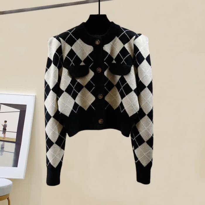 Rhombus Cardigan Sweater Pure Color Knit Pants - Black / M