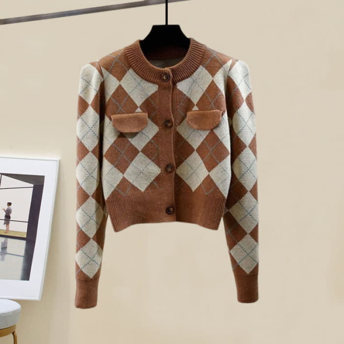 Rhombus Cardigan Sweater Pure Color Knit Pants - Brown / M