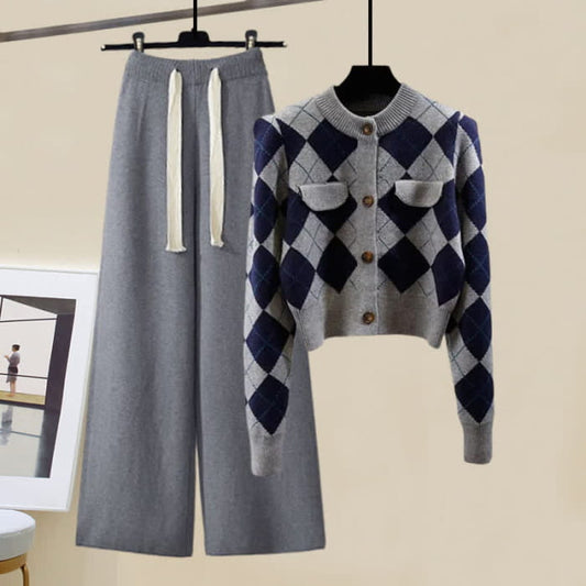 Rhombus Cardigan Sweater Pure Color Knit Pants - Set A / M