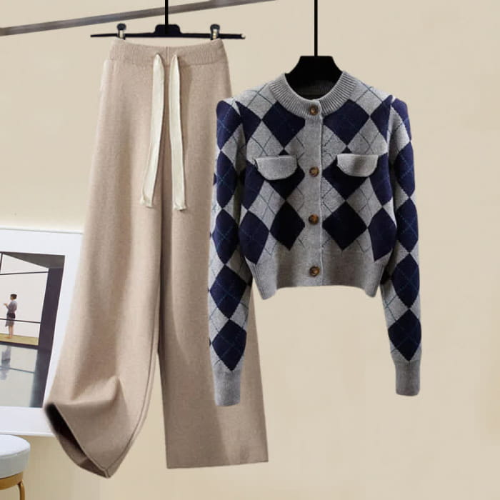 Rhombus Cardigan Sweater Pure Color Knit Pants - Set B / M