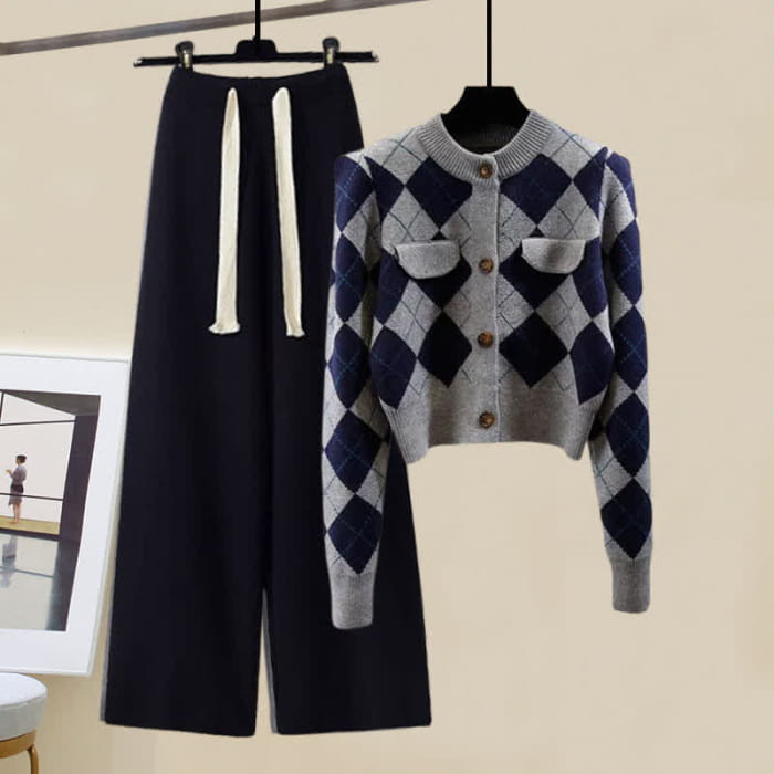 Rhombus Cardigan Sweater Pure Color Knit Pants - Set C / M