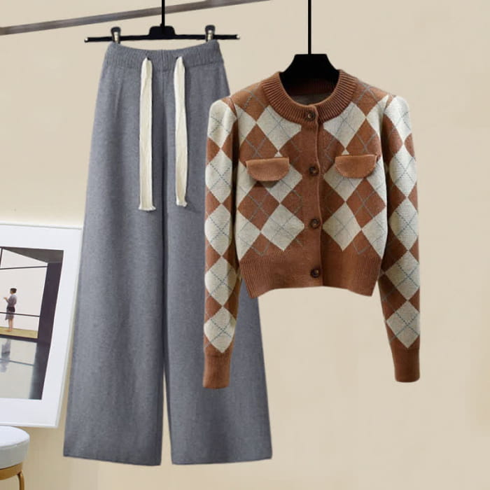 Rhombus Cardigan Sweater Pure Color Knit Pants - Set D / M