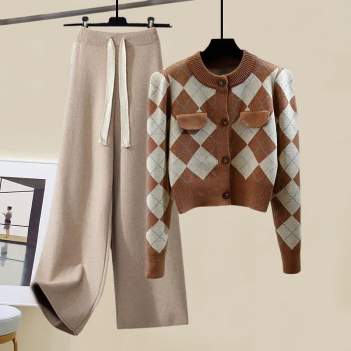 Rhombus Cardigan Sweater Pure Color Knit Pants - Set E / M