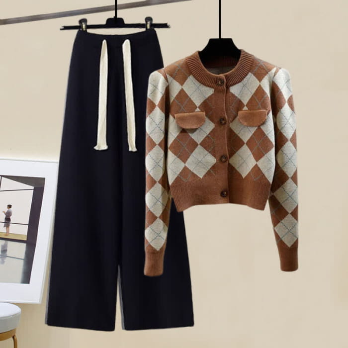 Rhombus Cardigan Sweater Pure Color Knit Pants - Set F / M