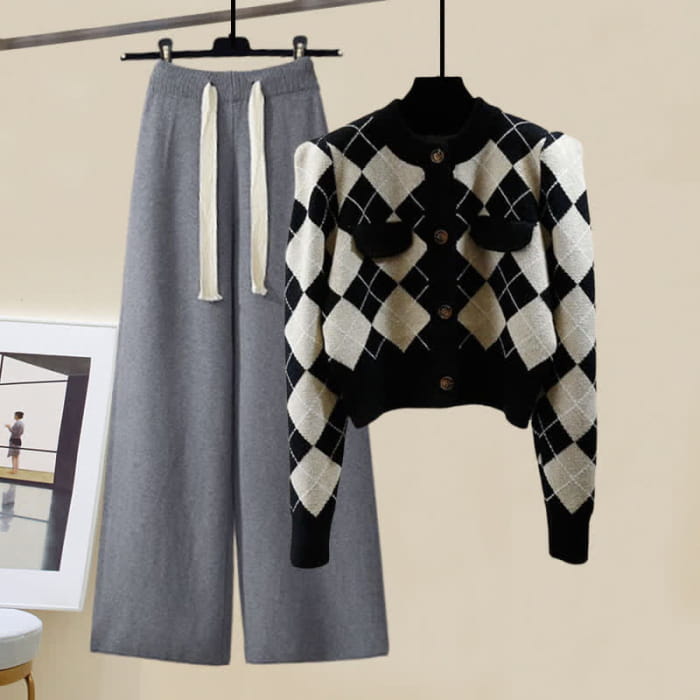 Rhombus Cardigan Sweater Pure Color Knit Pants - Set G / M