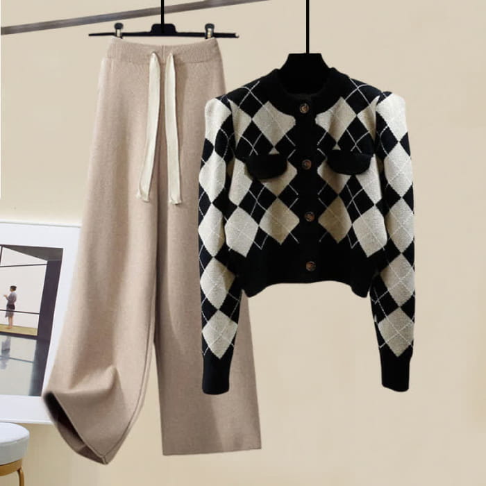 Rhombus Cardigan Sweater Pure Color Knit Pants - Set H / M