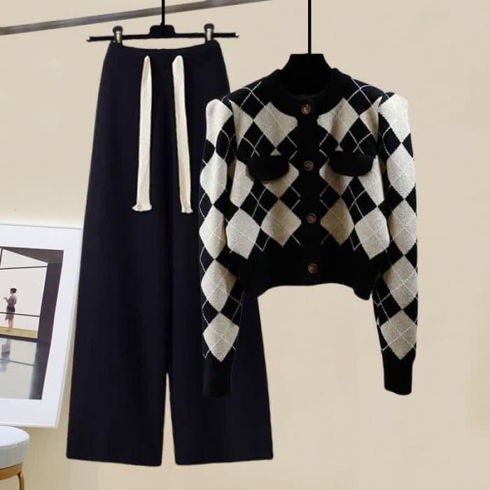 Rhombus Cardigan Sweater Pure Color Knit Pants - Set I / M