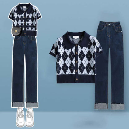 Rhombus Pattern Crop Top T-Shirt Denim Pants Set - Blue / M