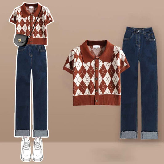 Rhombus Pattern Crop Top T-Shirt Denim Pants Set - Brown / M