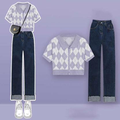 Rhombus Pattern Crop Top T-Shirt Denim Pants Set - Purple