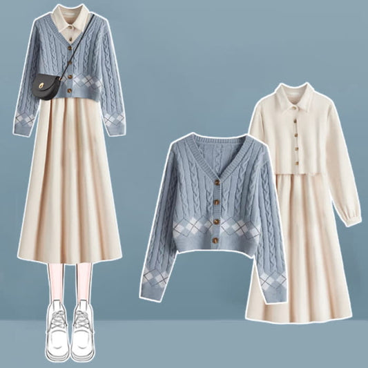 Rhombus Print Cardigan Sweater Laple Long Sleeve Dress