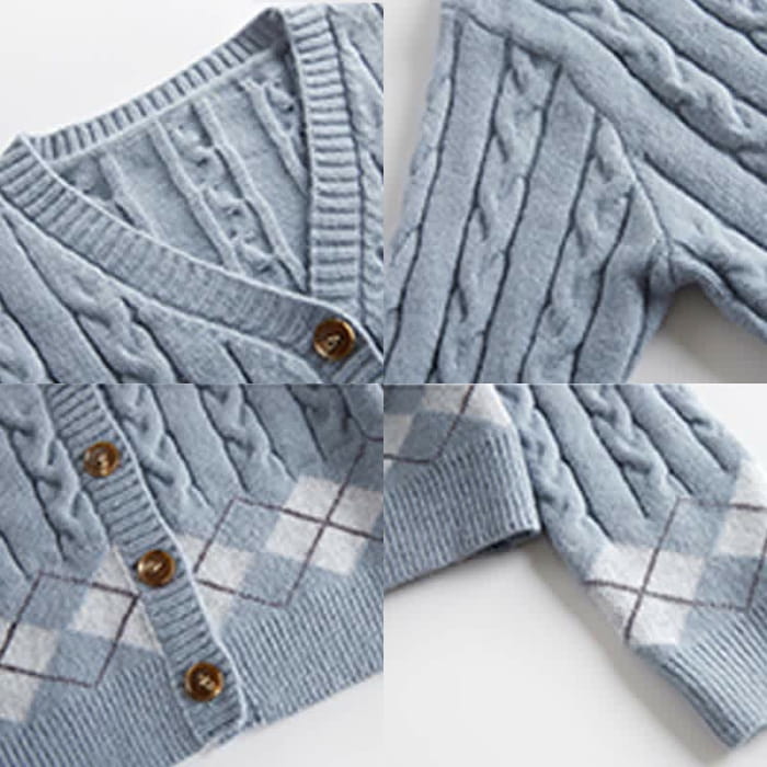 Rhombus Print Sweater Lapel Shirt Denim Pants Set