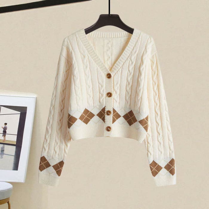 Rhombus Print Sweater Lapel Shirt Denim Pants Set - Apricot