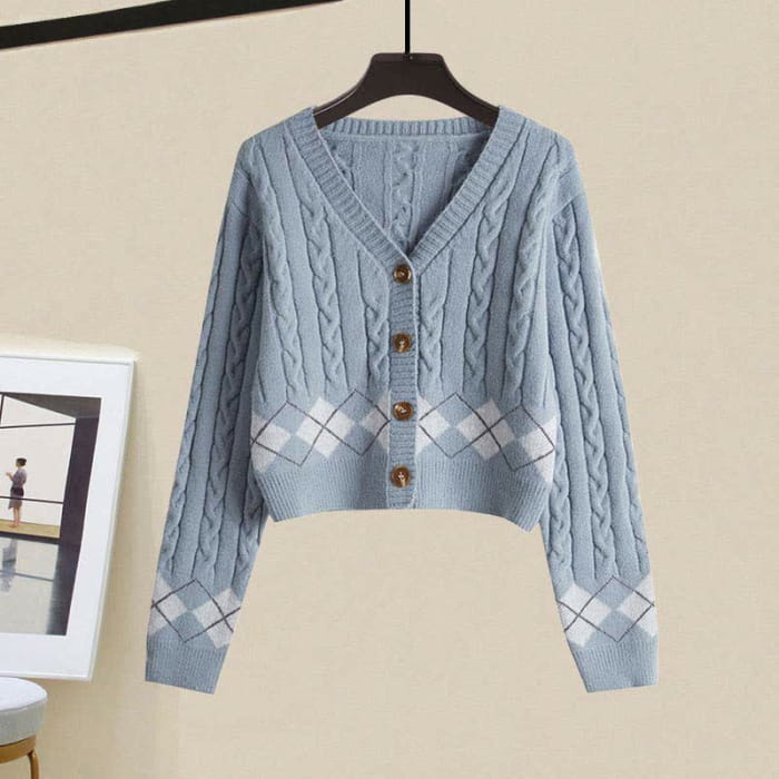 Rhombus Print Sweater Lapel Shirt Denim Pants Set - Blue / S