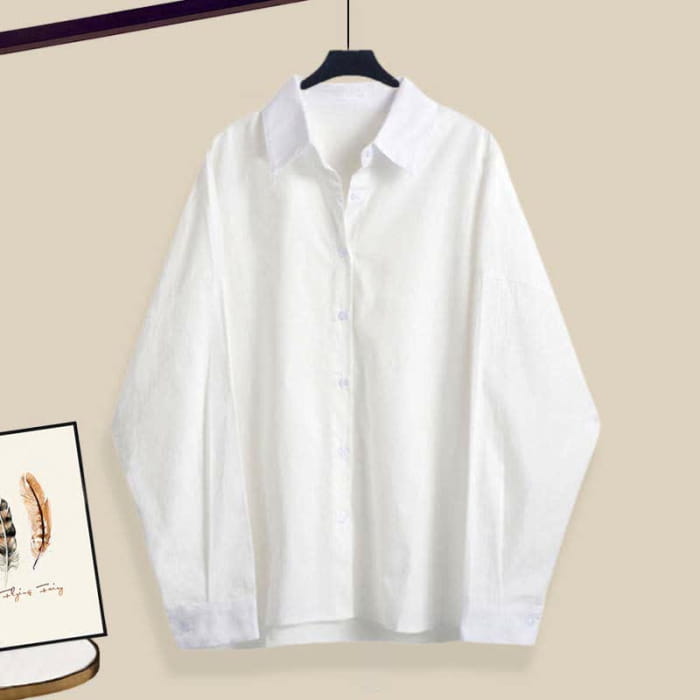 Rhombus Print Sweater Lapel Shirt Denim Pants Set - White