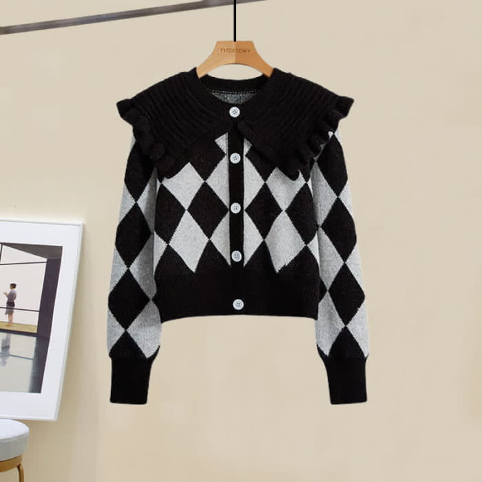 Rhombus Print Sweater Slip Dress Skirt Pants Set - One Size