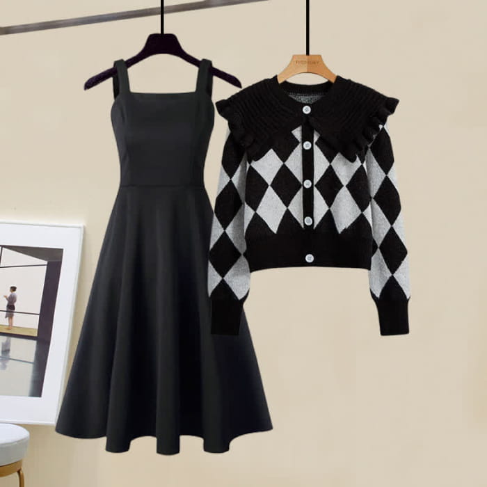 Rhombus Print Sweater Slip Dress Skirt Pants Set - Sweater