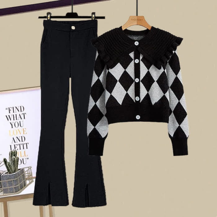 Rhombus Print Sweater Slip Dress Skirt Pants Set - Sweater
