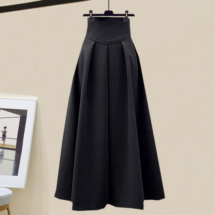 Rhombus Stripe Colorblock Sweater Long Skirt - Black / M
