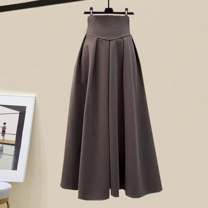 Rhombus Stripe Colorblock Sweater Long Skirt - Coffee / M