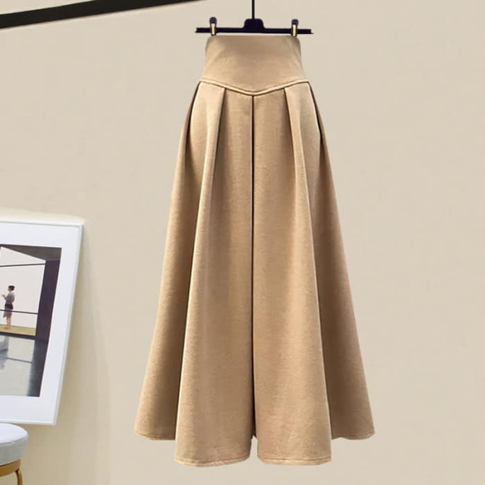 Rhombus Stripe Colorblock Sweater Long Skirt - Khaki / M