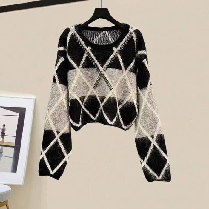 Rhombus Stripe Colorblock Sweater Long Skirt - M