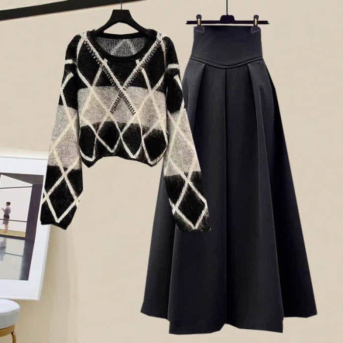 Rhombus Stripe Colorblock Sweater Long Skirt - Set A / M