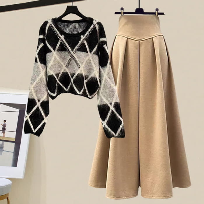 Rhombus Stripe Colorblock Sweater Long Skirt - Set C / M