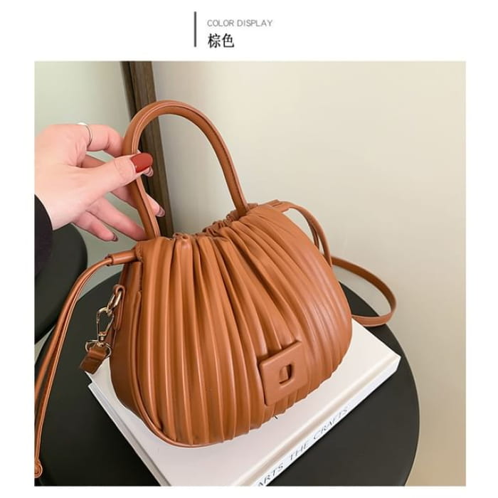 Ribbed Faux Leather Bucket Bag - Coffee / One Size